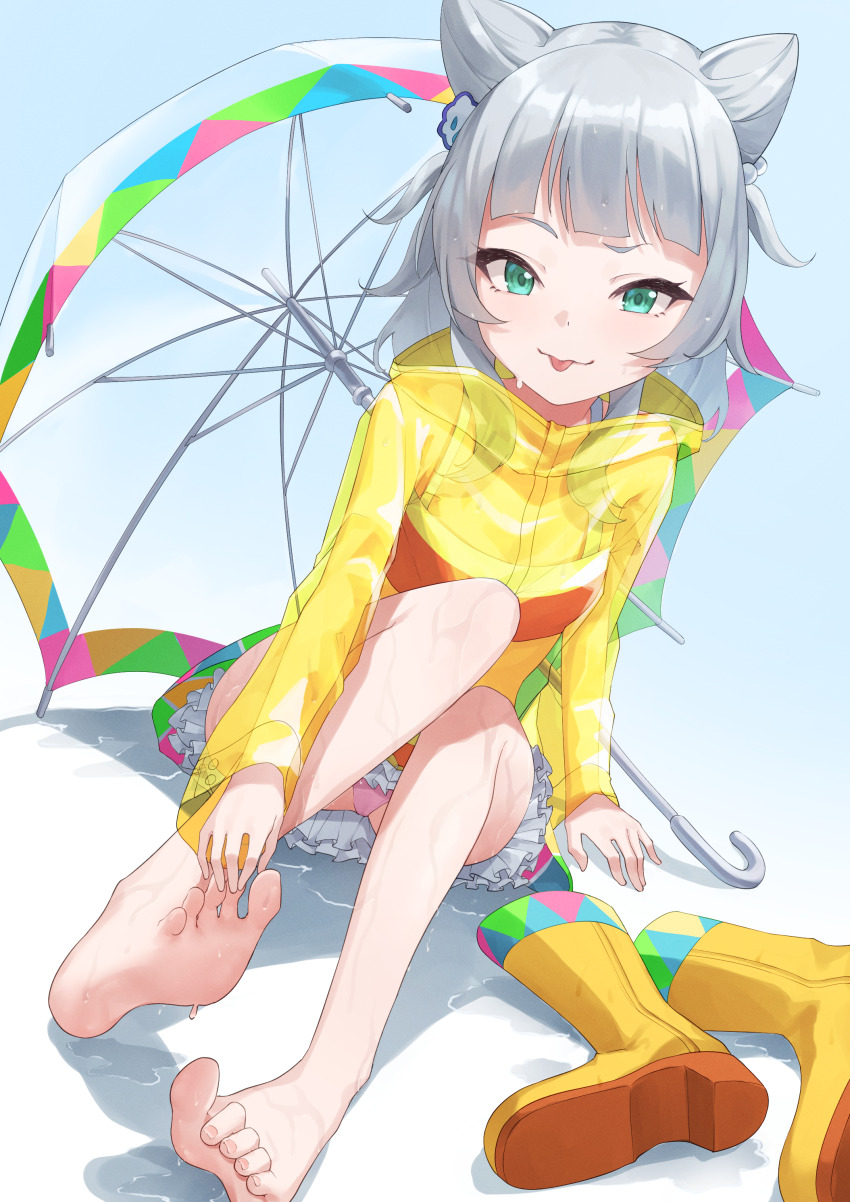 1girl, :p, absurdres, barefoot, boots, feet, green_eyes, grey_hair