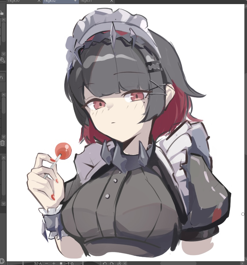 1girl, art_tools_in_frame, black_dress, black_hair, breasts, candy, collar, dress, ellen_joe, food, holding, holding_candy, holding_food, holding_lollipop, large_breasts, lollipop, looking_at_viewer, maid, maid_headdress, medium_hair, morfoniki, portrait, red_eyes, red_hair, solo, spiked_collar, spikes, white_background, zenless_zone_zero