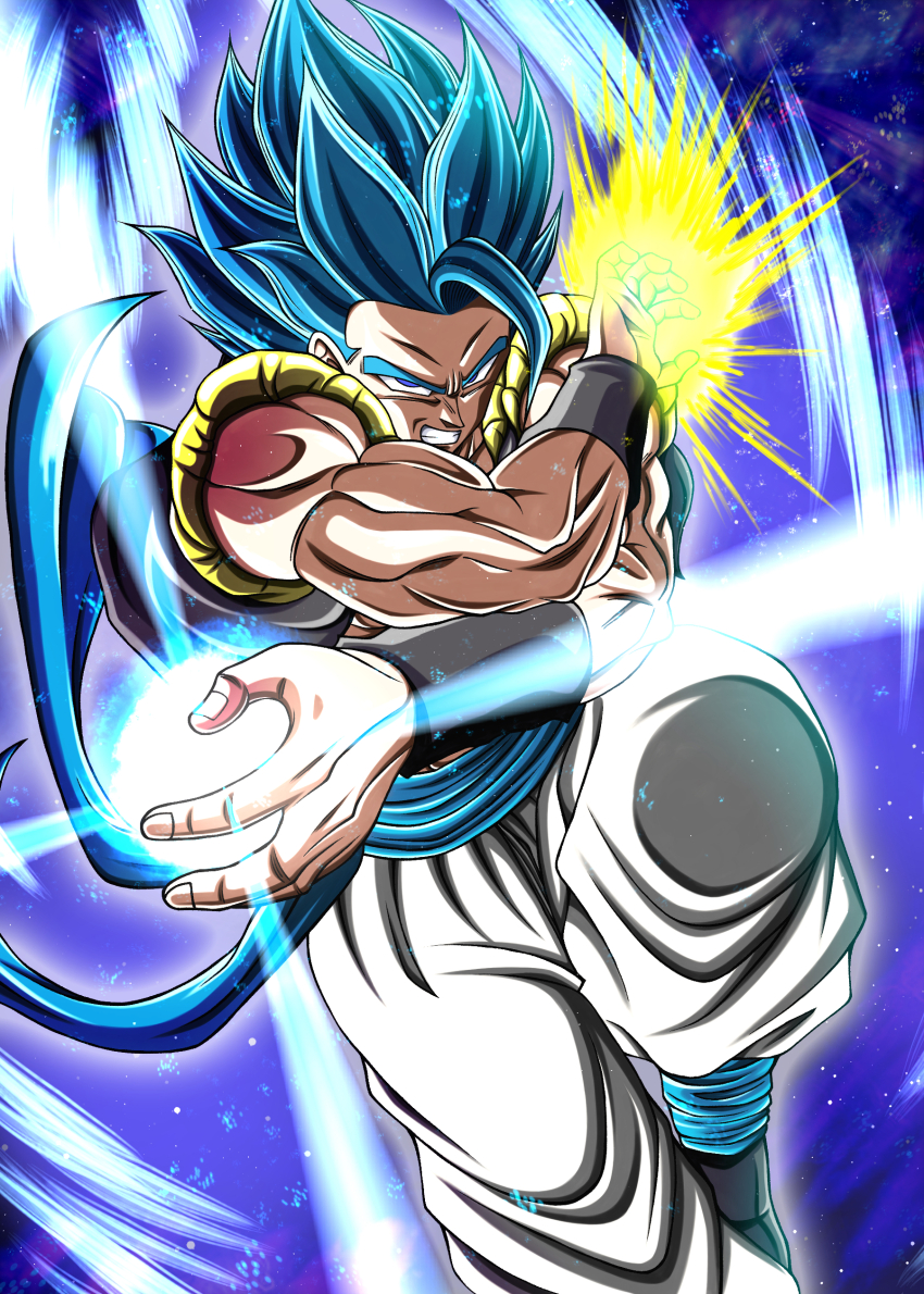 1boy, absurdres, black_vest, blue_eyes, blue_hair, commentary_request, dragon_ball, dragon_ball_super, dragon_ball_super_broly, dragon_ball_z_dokkan_battle, gogeta, gokuu_(goku_xeno59), highres, male_focus, medium_hair, metamoran_vest, open_clothes, open_vest, panties, powering_up, solo, spiked_hair, super_saiyan, super_saiyan_blue, transcendent_blazer, underwear, vest, white_panties