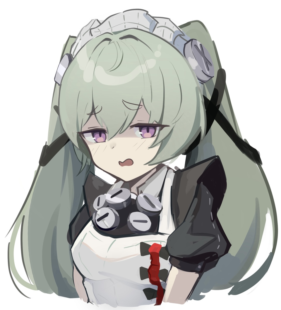 black_dress, breasts, corin_wickes, dress, green_hair, long_hair, looking_at_viewer, maid, maid_headdress, morfoniki, nervous, purple_eyes, small_breasts, twintails, very_long_hair, white_background, zenless_zone_zero