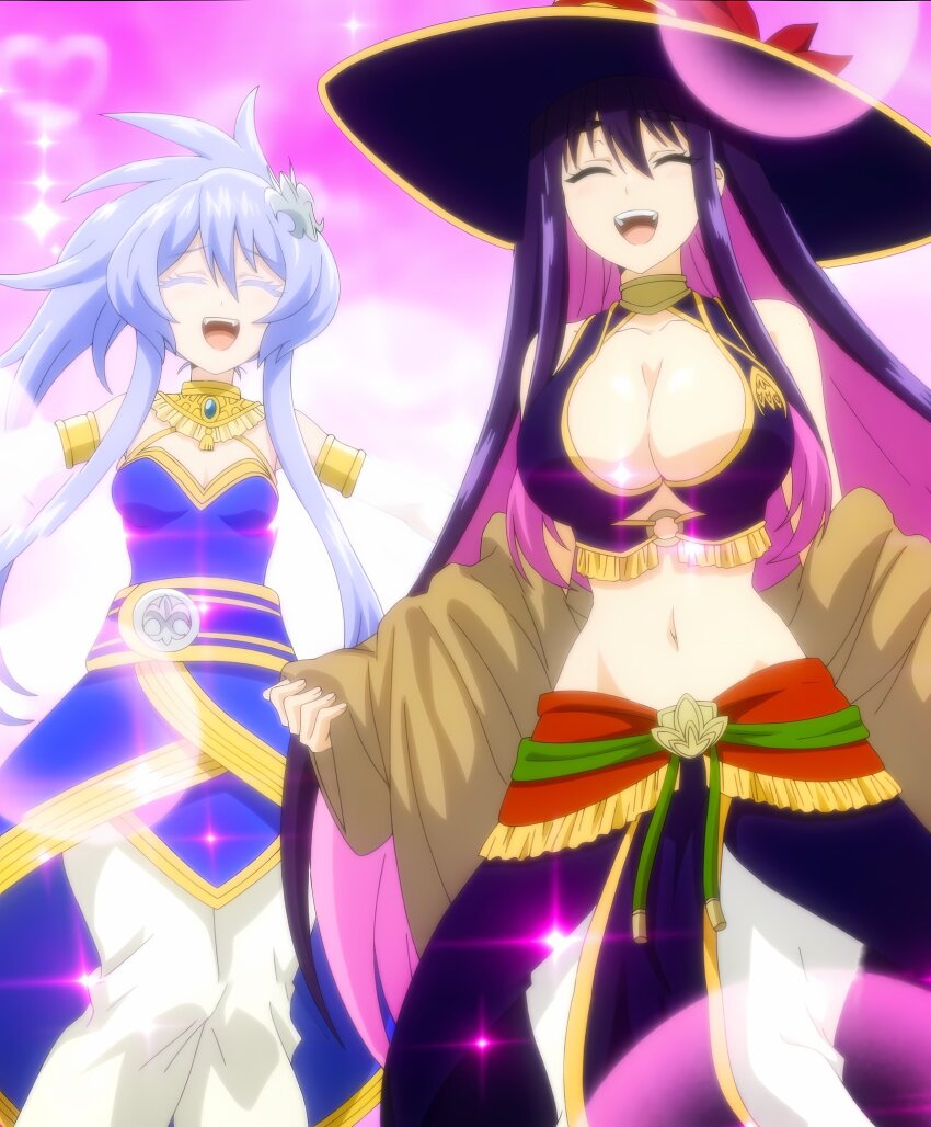 2girls, alternate_costume, arabian_clothes, breasts, cleavage, closed_eyes, female_focus, happy, hat, highres, yihdra_arvoln, large_breasts, long_hair, midriff, multiple_girls, navel, open_mouth, pants, ponytail, purple_hair, sentai_red_isekai_de_boukensha_ni_naru, sideboob, smile, stitched, stomach, tank_top, teeth, teltina_liz_wagrel_alvarost, third-party_edit, tongue, very_long_hair, wide_hips, witch, witch_hat