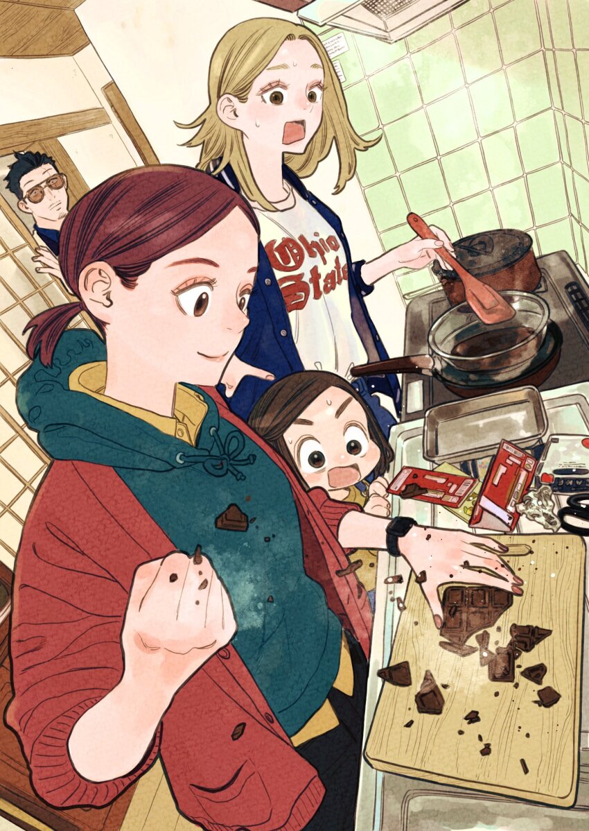 1boy, 3girls, black_hair, blonde_hair, blue_shirt, brown_hair, child, chocolate