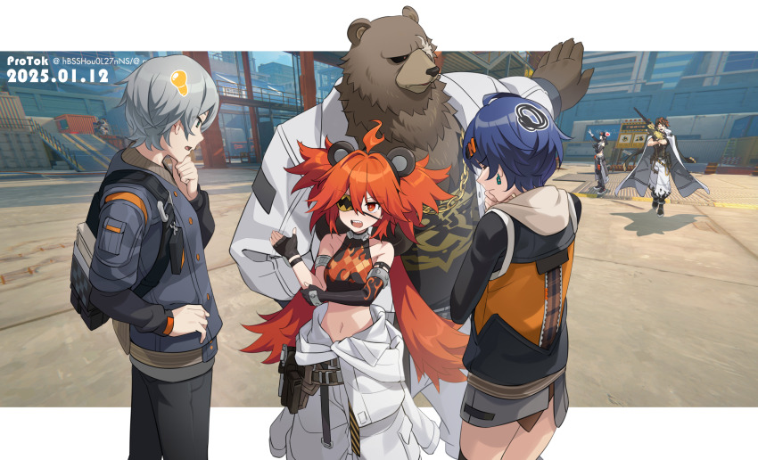 3boys, 3girls, anton_ivanov, belle_(zenless_zone_zero), belly, ben_bigger, black_hair, black_jacket