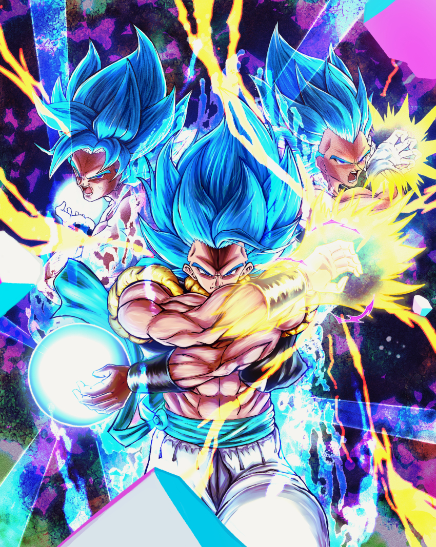 3boys, absurdres, artist_request, black_vest, blue_eyes, blue_hair, commentary_request, dragon_ball