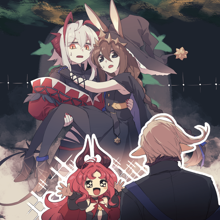 1boy, 3girls, :d, ambience_synesthesia, amiya_(arknights), amiya_(medic)_(arknights), amiya_(medic)_(solo_around_the_world)_(arknights), animal_ears, anklet, arknights, arms_up, black_dress, black_eyes, black_gloves, black_hat, black_pantyhose, black_shoes, blush_stickers, brown_hair, carrying, carrying_person, commentary_request, dress, ears_through_headwear, excited, facing_away, fingernails, fremont_(arknights), gloves, grey_hair, hair_between_eyes, hat, high_heels, jewelry, lari_lab, long_hair, long_sleeves, looking_at_another, multiple_girls, nymph_(arknights), official_alternate_costume, open_mouth, orange_eyes, outline, pantyhose, pointy_ears, princess_carry, red_hair, ring, shoes, short_hair, smile, sparkle, sparkling_aura, sweatdrop, w_(arknights), white_outline, wis'adel_(arknights), witch_hat