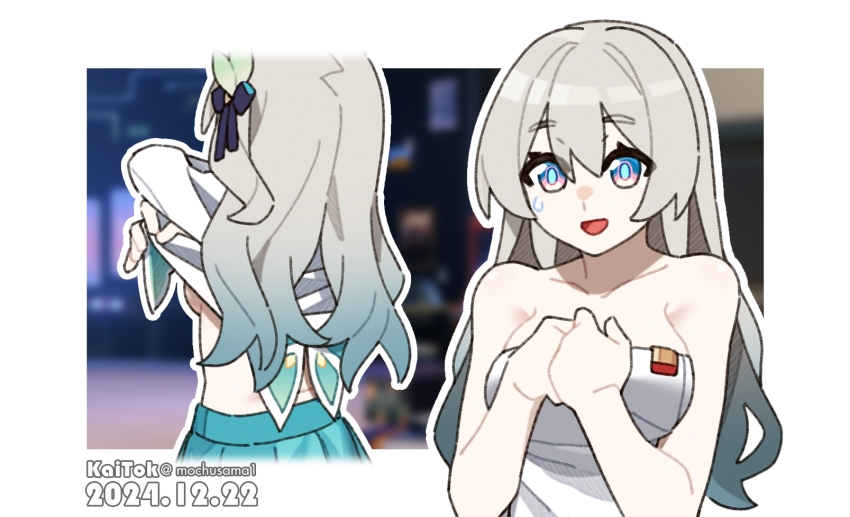 1girl, breasts, cleavage, clothes_lift, collage, firefly_(honkai:_star_rail), from_behind, grey_hair