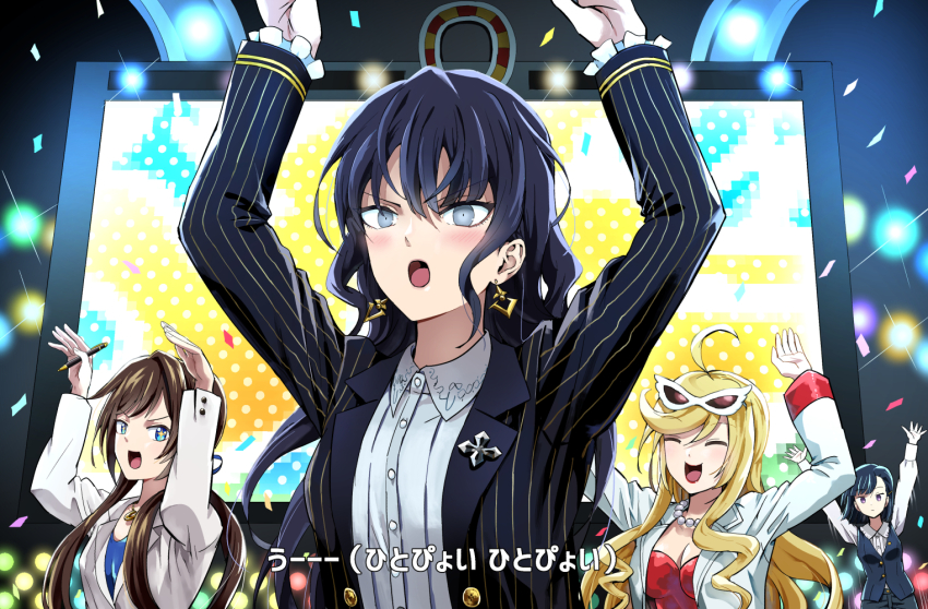 4girls, :d, ^_^, ahoge, anshinzawa_sasami, arms_up, black_hair, black_jacket