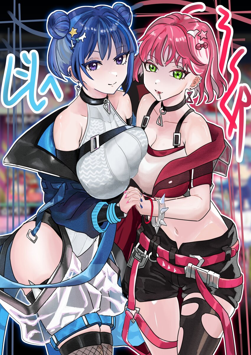 2girls, absurdres, bare_shoulders, black_shorts, blue_coat, blue_hair, breasts, cleavage