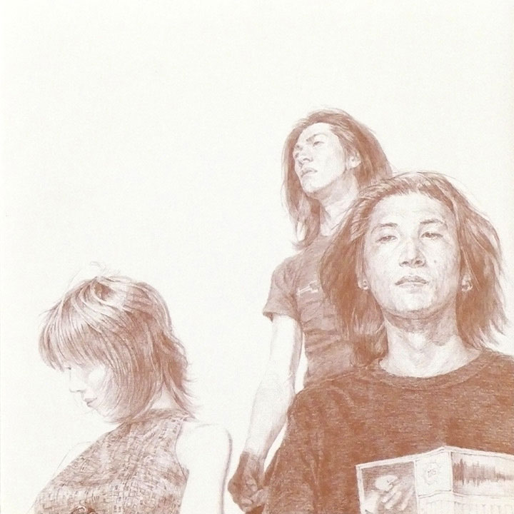 1girl, 2boys, album_cover, bare_shoulders, boris_(band), cover, expressionless, fangs_anal_satan, graphite_(medium), looking_to_the_side, medium_hair, monochrome, multiple_boys, realistic, shirt, short_hair, simple_background, sleeveless, sleeveless_sweater, sweater, t-shirt, traditional_media, upper_body