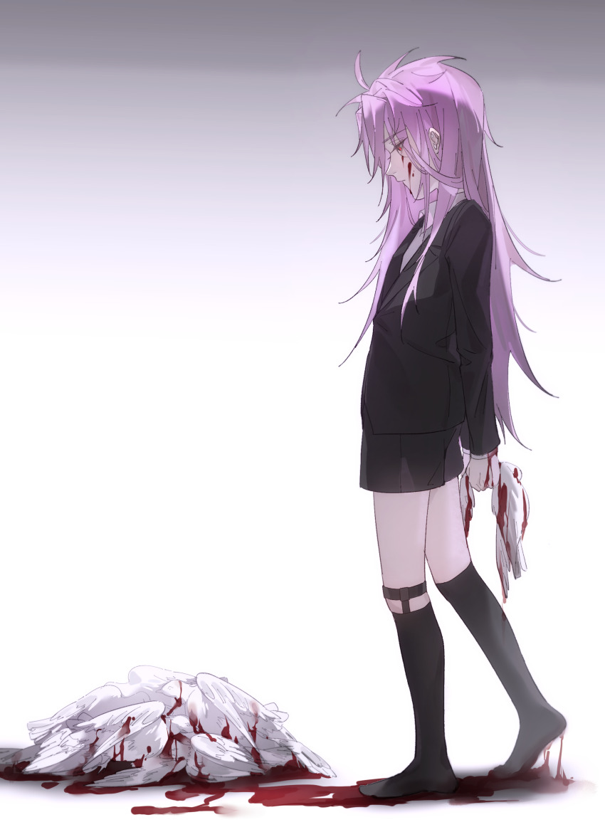 1boy, absurdres, arms_behind_back, black_jacket, black_necktie, black_shorts, black_socks, blood