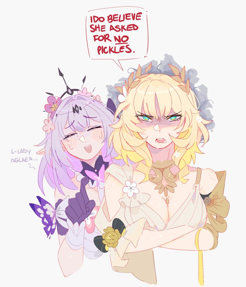 2girls, aglaea_(honkai:_star_rail), angry, behind_another, blonde_hair, blush, breasts, castorice_(honkai:_star_rail)