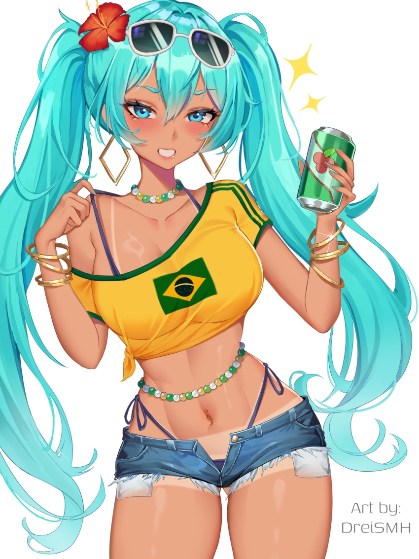 1girl, adjusting_clothes, adjusting_swimsuit, alternate_breast_size_(larger), aqua_eyes, artist_name, bikini, blue_bikini, blush, bracelet, brazilian_flag, brazilian_flag_print, brazilian_miku, breasts, can, denim, denim_shorts, dreiworks, drink_can, earrings, eyewear_on_head, flag_print, flower, hair_between_eyes, hair_flower, hair_ornament, hatsune_miku, highres, holding, holding_can, hoop_earrings, jersey, jewelry, large_breasts, lipstick, long_hair, looking_at_viewer, makeup, necklace, open_mouth, pearl_necklace, shirt, short_shorts, shorts, simple_background, smile, soda_can, solo, sparkle, sunglasses, swimsuit, tan, tanline, twintails, very_long_hair, vocaloid, white_background, yellow_shirt