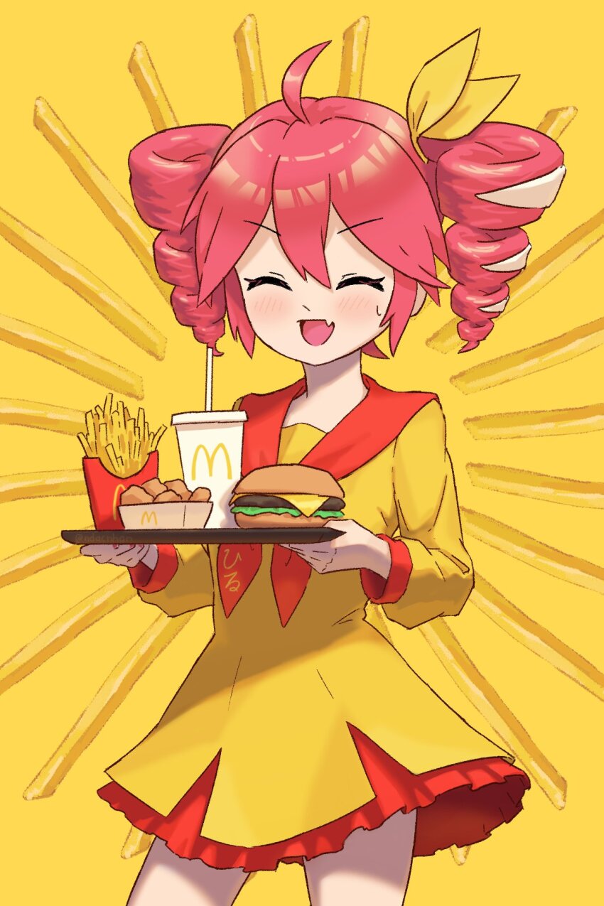 1girl, ahoge, blush, bow, burger, chicken_nuggets, closed_eyes, cowboy_shot