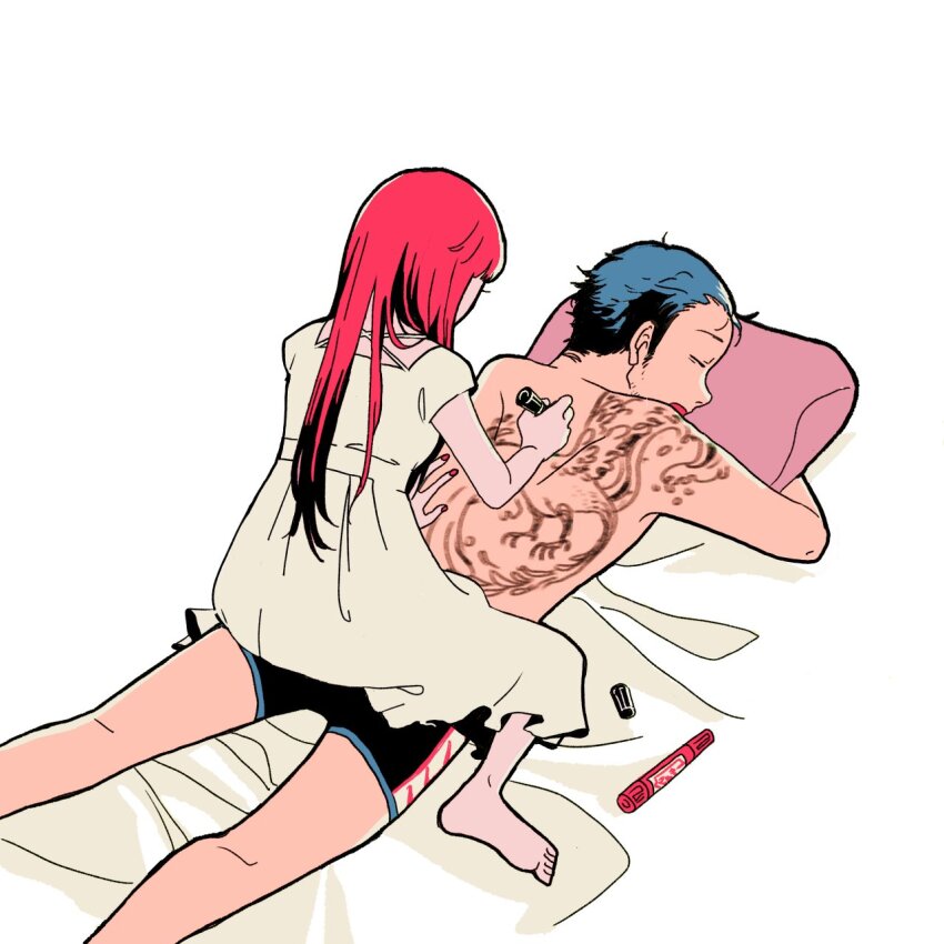 barefoot, bed_sheet, blue_hair, city_sanzu, closed_eyes, commentary_request, drawing_on_another, dress