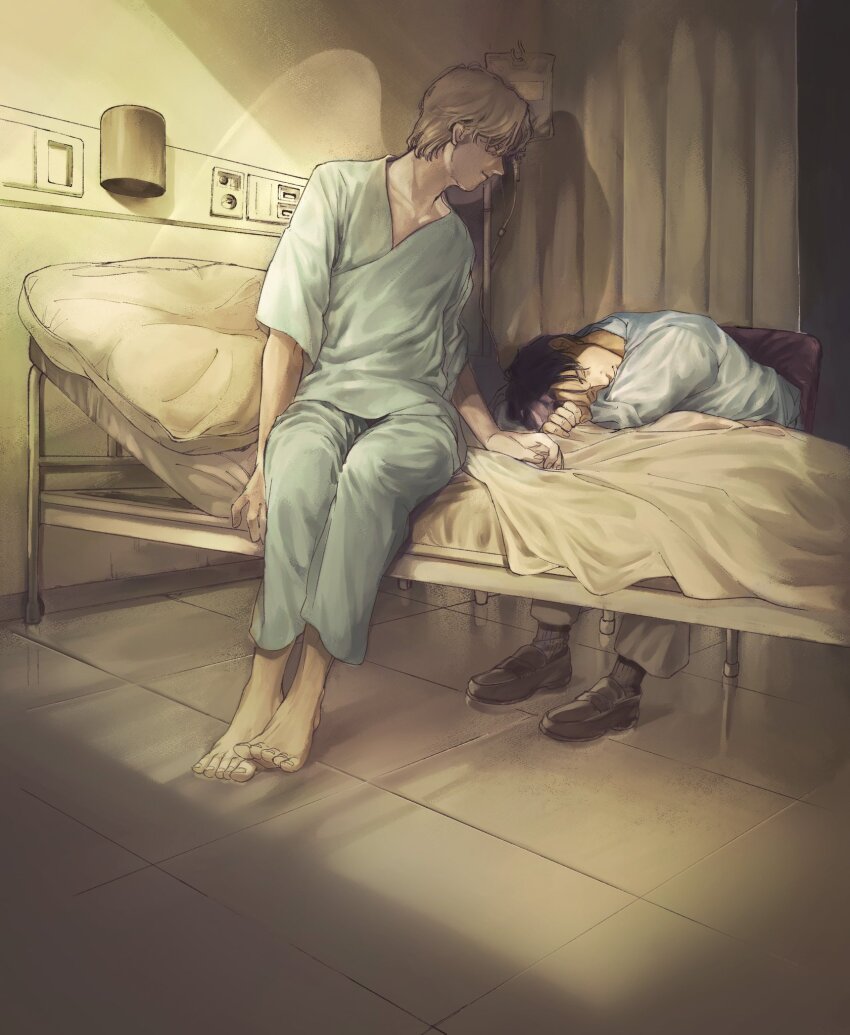 2boys, barefoot, bed, blonde_hair, chair, highres, hospital_bed, johan_liebert, monster_(manga), multiple_boys, on_chair, rokudenaru, sitting, sleeping, tagme, tenma_kenzou