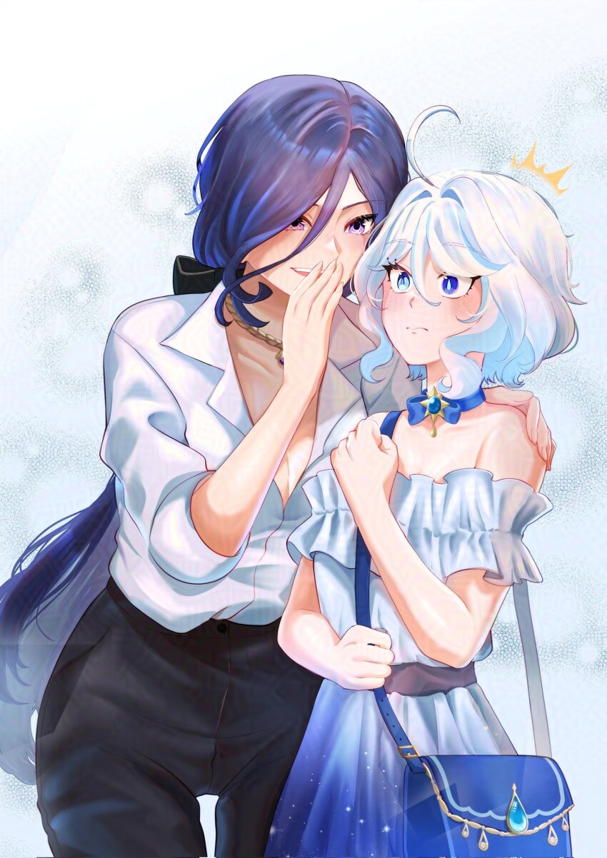 2girls, ^^^, ahoge, alternate_costume, bag, bare_shoulders, black_pants, blue_choker, blue_dress, blue_eyes, breasts, choker, cleavage, clorinde_(genshin_impact), commentary, cowboy_shot, dress, elineyuhu, furina_(genshin_impact), genshin_impact, gradient_clothes, gradient_dress, handbag, highres, jewelry, long_hair, multiple_girls, necklace, off-shoulder_dress, off_shoulder, pants, purple_eyes, purple_hair, second-party_source, shirt, short_hair, standing, very_long_hair, white_hair, white_shirt