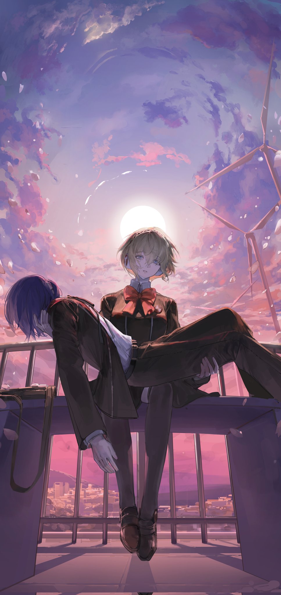 00608d, 1boy, 1girl, aigis_(persona), belt, black_belt, black_jacket, black_pants, black_thighhighs, blonde_hair, blue_eyes, blue_hair, bow, brown_shoes, collared_shirt, cradling, falling_petals, gekkoukan_high_school_uniform, hair_between_eyes, hashtag-only_commentary, head_tilt, headphones, highres, jacket, loafers, long_sleeves, on_bench, pants, persona, persona_3, petals, railing, red_bow, rooftop, school_uniform, shirt, shoes, short_hair, sitting, spoilers, sun, thighhighs, white_shirt, wind_turbine, windmill, yuuki_makoto_(persona_3)