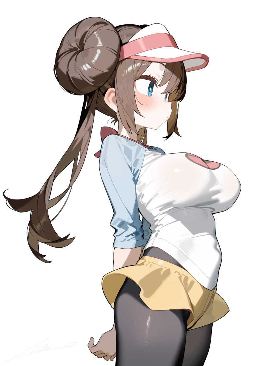 1girl, black_pantyhose, blue_eyes, breasts, brown_hair, donut_hair_bun, double_bun, from_side