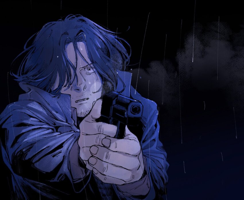 1boy, aiming, coat, gun, highres, holding, holding_gun, holding_weapon