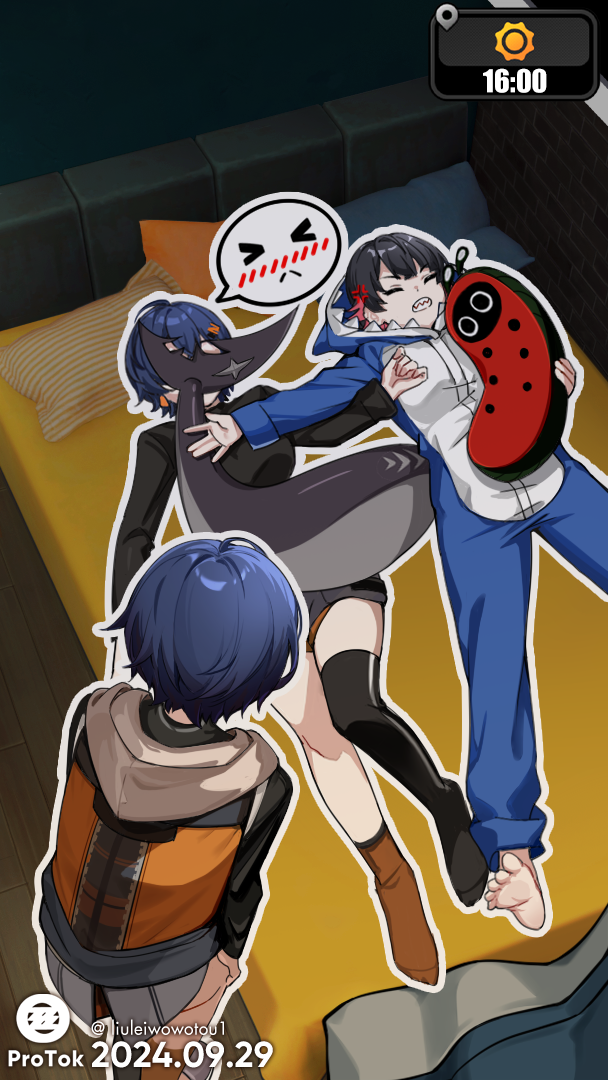 2girls, angry, animal_costume, barefoot, belle_(zenless_zone_zero), black_hair, blue_hair, closed_eyes