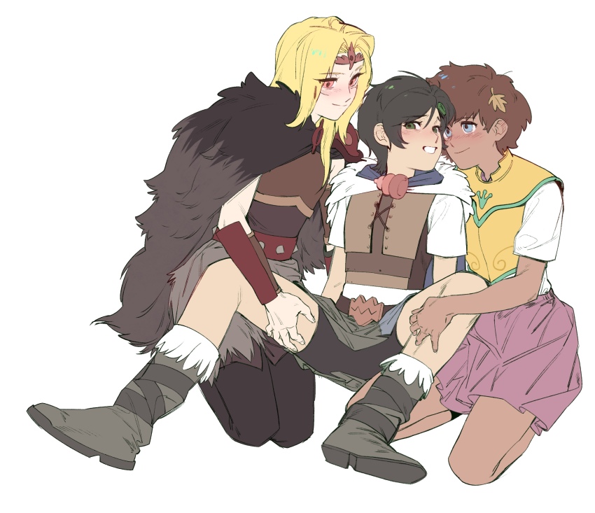 3girls, amphibia, anne_boonchuy, armor, bike_shorts, blonde_hair, blue_eyes, boots, breastplate, cape, dogwhitee, fur_cape, girl_sandwich, highres, leaf, leaf_on_head, leather_armor, looking_at_another, marcy_wu, multiple_girls, pink_eyes, ranger_uniform_(amphibia), sandwiched, sasha_waybright, school_uniform, skirt, smile, spread_legs, thigh_grab