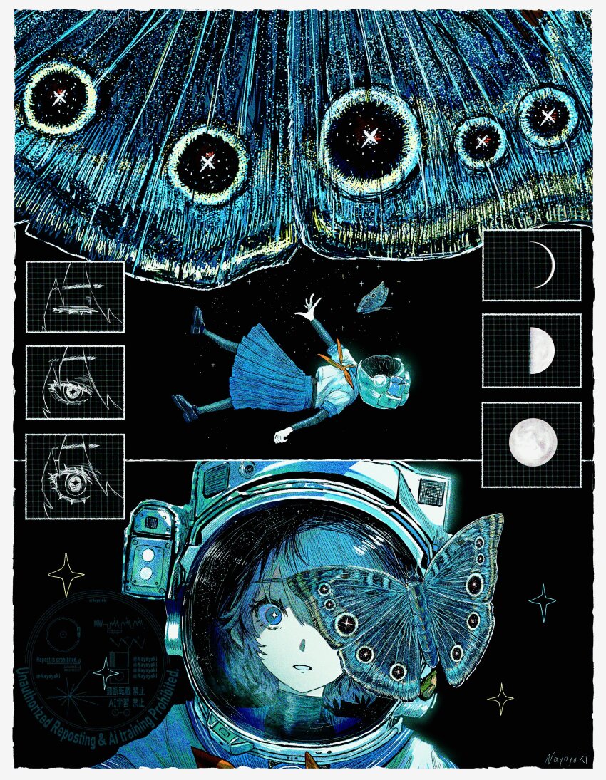 1girl, absurdres, artist_name, black_background, black_pantyhose, black_shoes, black_sleeves, blue_eyes