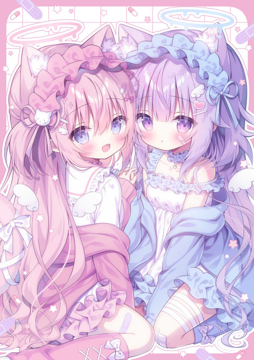 2girls, animal_ear_fluff, animal_ears, aqua_eyes, aqua_halo, aqua_jacket, aqua_leg_warmers, aqua_ribbon