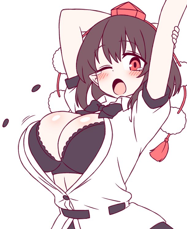 1girl, black_bow, black_bowtie, black_bra, black_hair, blush, bow, bowtie