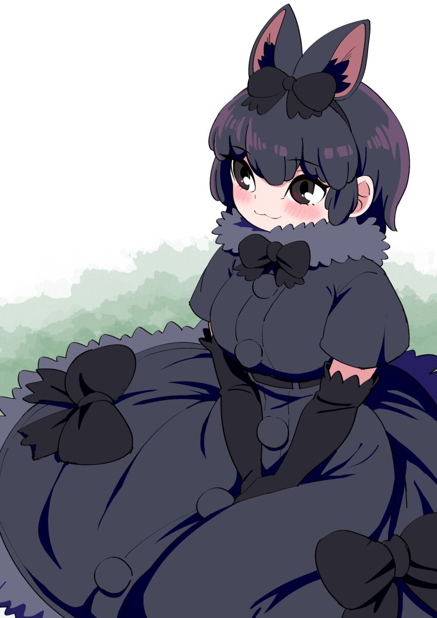1girl, :3, amami_rabbit_(kemono_friends), animal_ears, black_bow, black_bowtie, black_dress, black_gloves, black_hair, blush, bow, bowtie, brown_eyes, dress, elbow_gloves, frilled_dress, frilled_gloves, frills, fur_collar, gloves, grey_fur, hair_between_eyes, hair_bow, highres, kemono_friends, long_dress, mamiyama, rabbit_ears, rabbit_tail, short_hair, short_sleeves, sidelocks, sitting, solo, tail