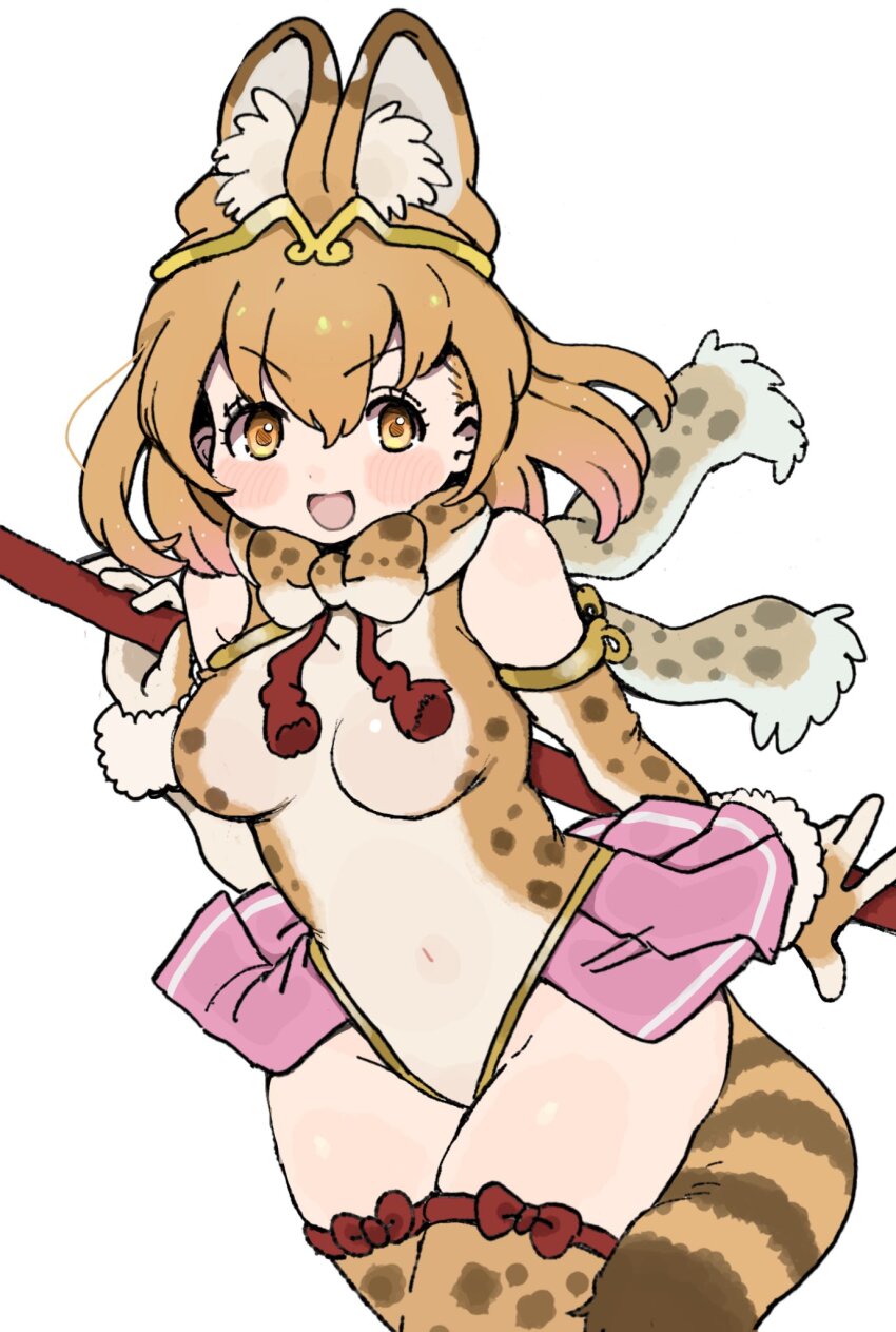 010mzam, 1girl, animal_ears, animal_print, bare_shoulders, blonde_hair, bow, bow_legwear