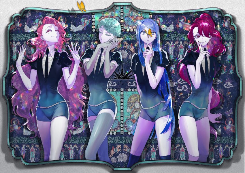 4others, ^_^, aqua_hair, black_necktie, blue_hair, bug, butterfly, closed_eyes, commentary_request, cowboy_shot, elbow_gloves, gem_uniform_(houseki_no_kuni), gloves, green_diamond_(houseki_no_kuni), hair_over_one_eye, highres, houseki_no_kuni, insect, long_hair, looking_to_the_side, momokichi_(akamakigami000), multiple_others, necktie, pink_topaz_(houseki_no_kuni), ruby_(houseki_no_kuni), sapphire_(houseki_no_kuni), short_sleeves, smile, sparkle, thighhighs