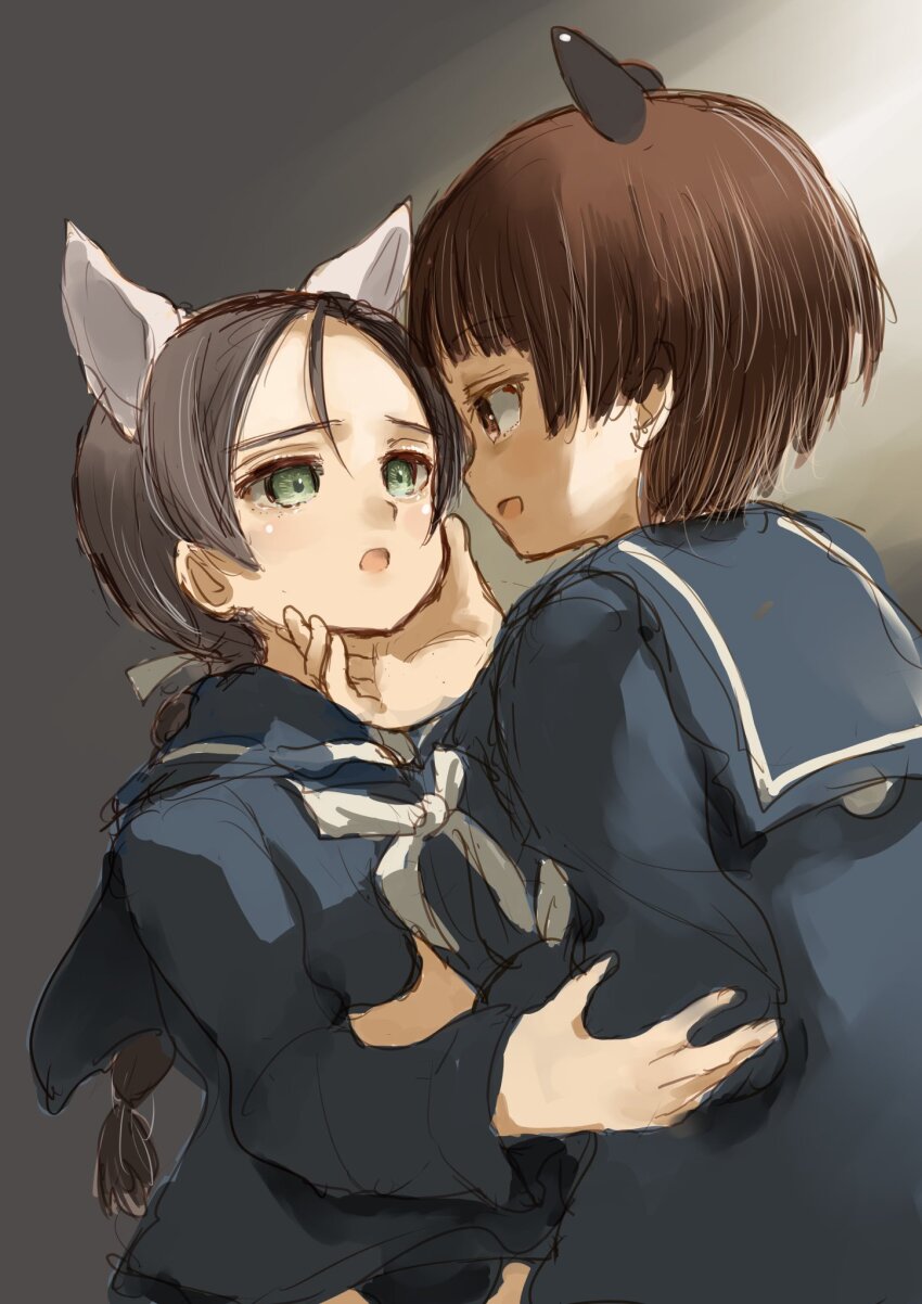 2girls, animal_ears, blue_shirt, brave_witches, brown_hair, cat_ears, cat_girl, cat_tail