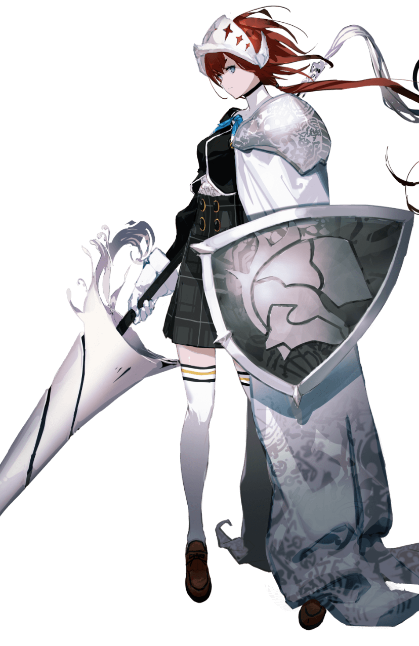 1girl, armor, blue_eyes, cropped_jacket, dress_shoes, floating_hair, full_body, helmet, high-waist_skirt, highres, hinata_nozomi, holding, holding_polearm, holding_shield, holding_weapon, long_hair, low_ponytail, monark, official_art, pauldrons, polearm, ponytail, red_hair, shield, shoulder_armor, side_cape, sideways_glance, simple_background, single_pauldron, skirt, so-bin, spear, thighhighs, transparent_background, weapon