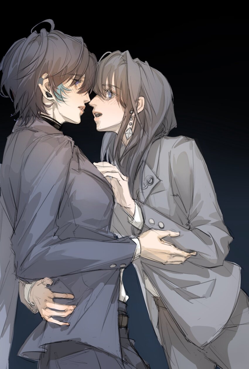 2girls, black_background, black_hair, black_jacket, blue_hair, blush, chief_(path_to_nowhere), chinese_commentary, cinnabar_(path_to_nowhere), commentary_request, earclip, earrings, female_chief_(path_to_nowhere), grey_hair, grey_jacket, hand_on_another's_arm, hand_on_another's_chest, highres, jacket, jewelry, long_hair, lxychristina, multicolored_hair, multiple_girls, open_mouth, parted_lips, path_to_nowhere, shirt, simple_background, streaked_hair, white_shirt, yuri