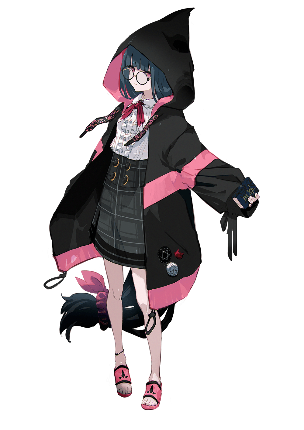 1girl, anklet, bad_source, bare_legs, barefoot, black_hair, blunt_bangs, book, frills, full_body, glasses, hand_in_pocket, hand_up, high-waist_skirt, highres, holding, holding_book, hood, hood_up, hoodie, jewelry, long_hair, low-tied_long_hair, monark, neck_ribbon, official_art, pigeon-toed, pink_eyes, pocketbook, ribbon, round_eyewear, sandals, sideways_glance, simple_background, skirt, sleeves_past_fingers, sleeves_past_wrists, slides, so-bin, standing, strap, surugadai_kokoro, transparent_background, very_long_hair