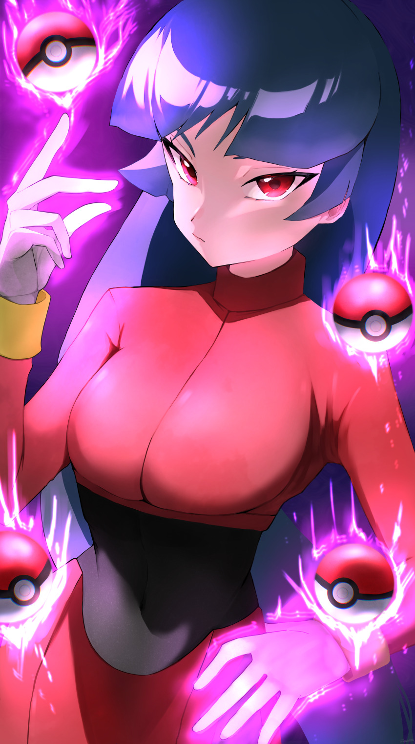 1girl, absurdres, black_bodysuit, blue_hair, blunt_bangs, bodysuit, bodysuit_under_clothes, closed_mouth, commentary, crop_top, cropped_jacket, floating, floating_object, gloves, hand_up, highres, hime_cut, jacket, long_hair, long_sleeves, looking_at_viewer, nintendo, pencil_skirt, poke_ball, poke_ball_(basic), pokemon, pokemon_firered_and_leafgreen, red_eyes, sabrina_(pokemon), side_slit, skirt, solo, telekinesis, turtleneck, turtleneck_jacket, white_gloves, yuu_(yuu777hh)