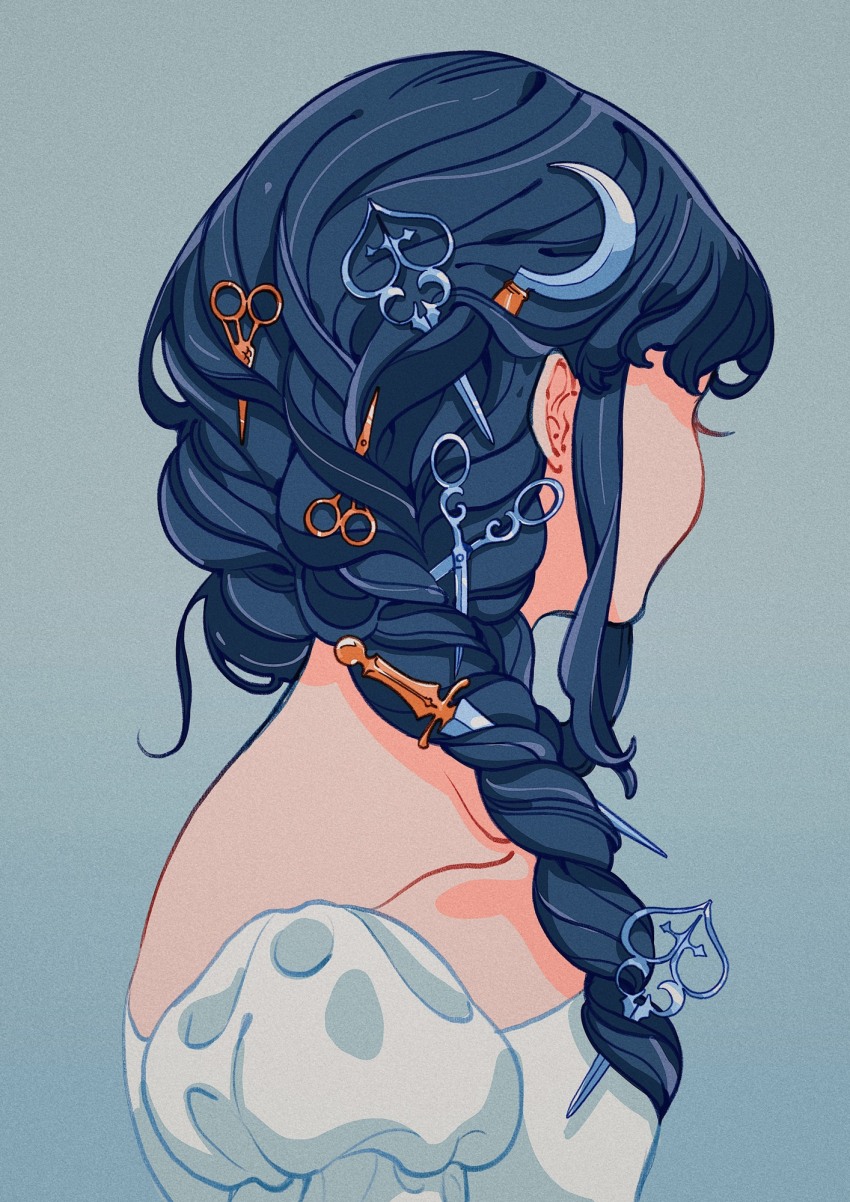 1girl, blue_background, blue_hair, braid, collarbone, commentary, dagger, dress