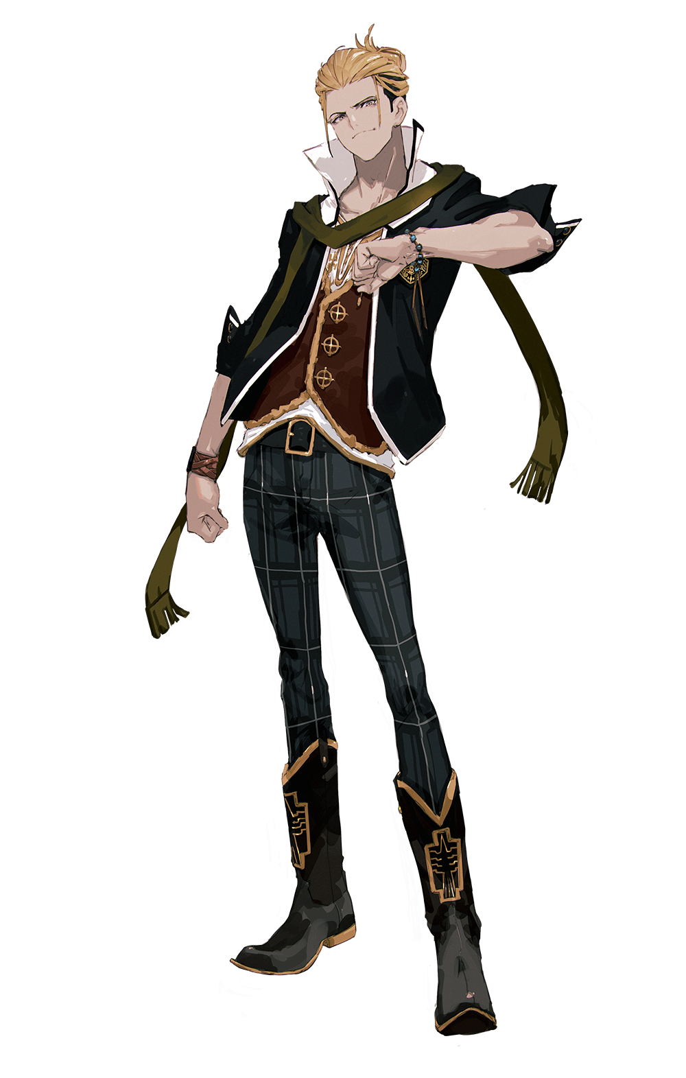 1boy, bad_source, bead_bracelet, beads, belt, black_hair, blonde_hair, boots