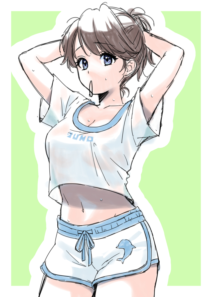 1girl, arms_up, blue_eyes, border, breasts, brown_hair, cleavage, commentary_request