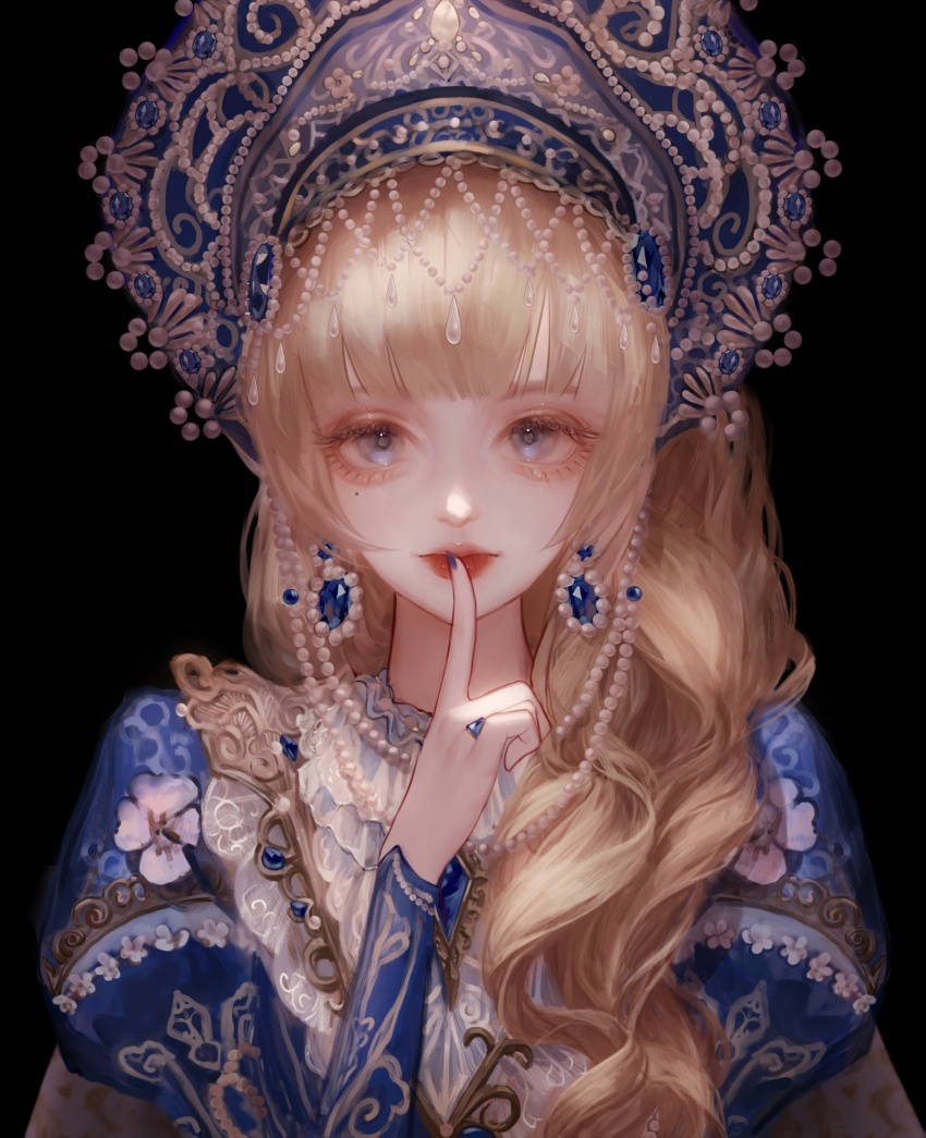 1girl, absurdres, black_background, blue_crown, blue_dress, blue_eyes, blue_nails, brown_hair, chinese_commentary, circlet, collared_dress, commentary_request, crown, dress, earrings, expressionless, eyelashes, eyeshadow, finger_to_mouth, floral_print, frilled_dress, frills, hair_over_shoulder, highres, jewelry, jiaopiupiu, juliet_sleeves, lipstick, lolory_(shining_nikki), long_hair, long_sleeves, makeup, nail_polish, nikki_(series), pink_eyeshadow, puffy_sleeves, red_lips, ring, shining_nikki, simple_background, solo, straight-on, upper_body, wavy_hair