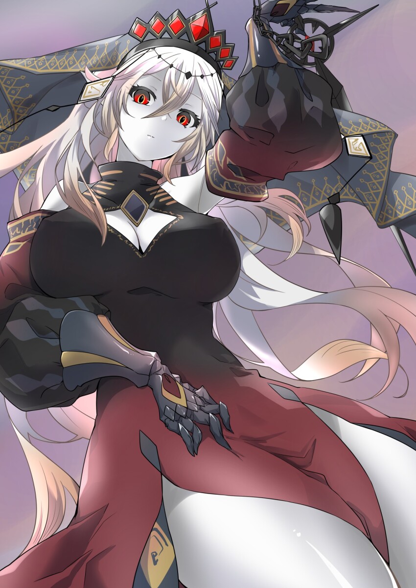 1girl, bare_shoulders, blazing_cartesia_the_virtuous, breasts, cleavage_cutout, clothing_cutout, colored_skin, detached_sleeves