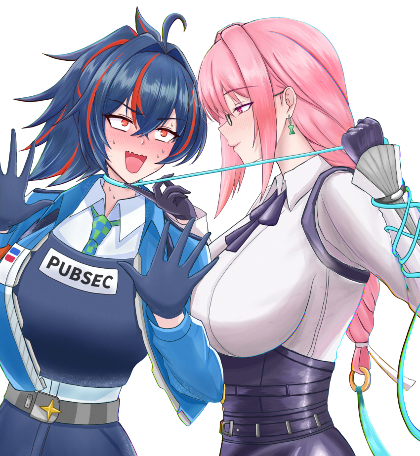 2girls, belt, black_hair, blue_jacket, blush, bow, breasts, cable, earrings, glasses, gloves, hand_on_another's_chin, harness, high-waist_pants, highres, jacket, jewelry, large_breasts, leash, long_hair, miyabidai, multicolored_hair, multiple_girls, necktie, nervous_sweating, pants, pet_play, pink_eyes, pink_hair, police, police_uniform, policewoman, ponytail, red_eyes, red_hair, ring_hair_ornament, shirt, streaked_hair, sweat, tsukishiro_yanagi, white_shirt, yuri, zenless_zone_zero, zhu_yuan