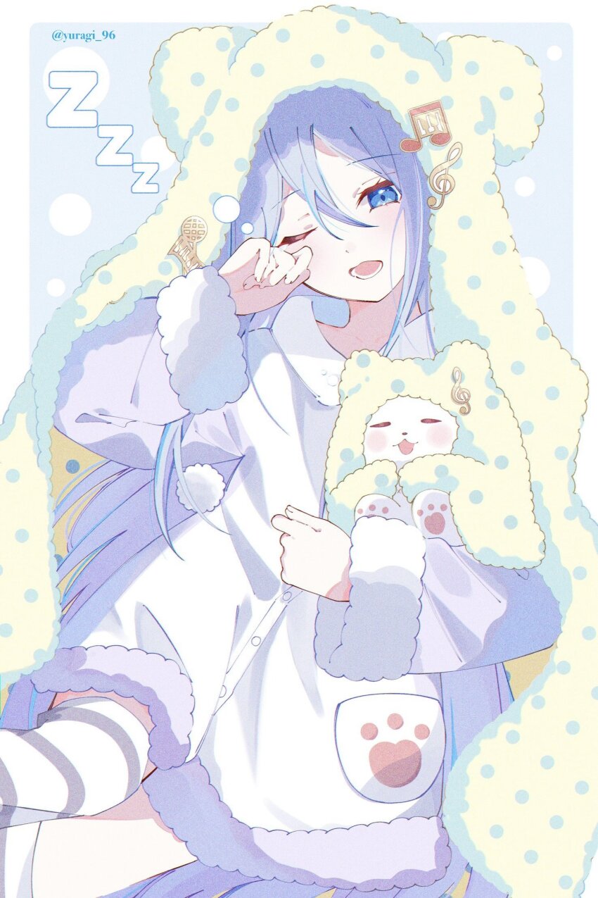1girl, animal_ears, animal_hood, bear_ears, bear_hood, blanket, blue_eyes, blush