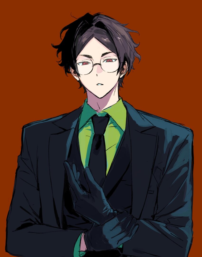 1boy, adjusting_clothes, adjusting_gloves, aomi_(ooe), black_gloves, black_hair, black_jacket, black_necktie