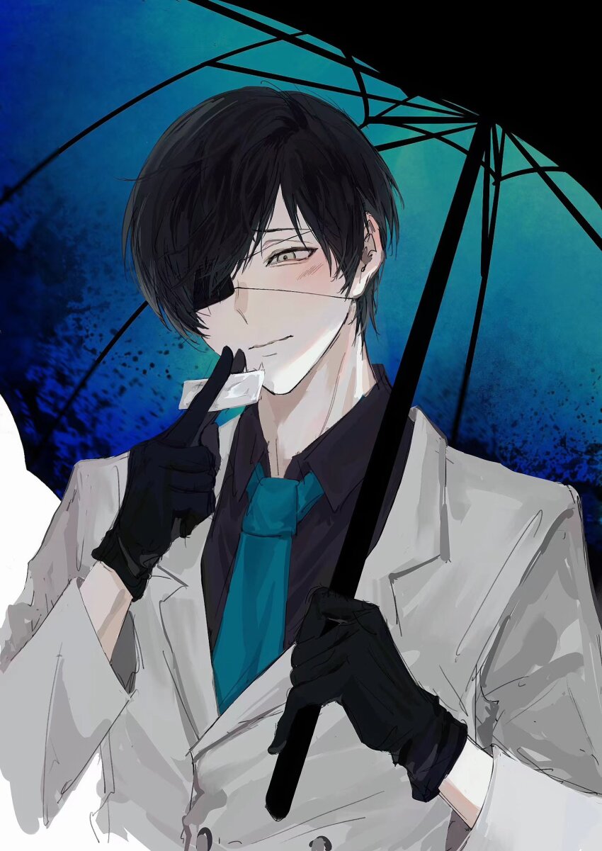 1boy, between_fingers, black_gloves, black_hair, black_shirt, blue_necktie, blush, buttons