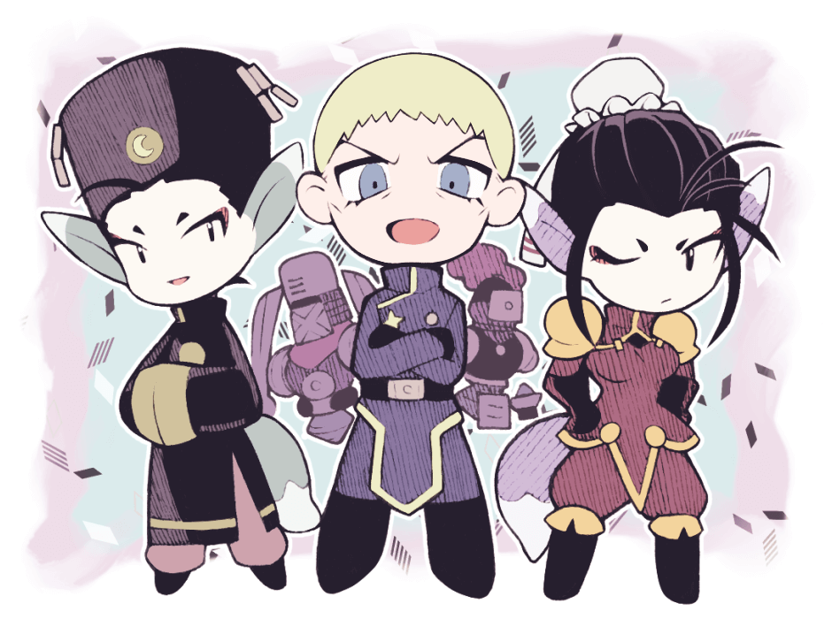 1girl, 2boys, animal_ears, black_eyes, black_hair, blonde_hair, breasts, breath_of_fire, breath_of_fire_iv, bun_cover, captain_rasso, chibi, closed_mouth, eyeshadow, full_body, gloves, hair_bun, hat, looking_at_viewer, makeup, minashirazu, multiple_boys, one_eye_closed, open_mouth, pointy_ears, short_hair, single_hair_bun, smile, tail, ursula_(breath_of_fire), wide_sleeves, yuna_(breath_of_fire)