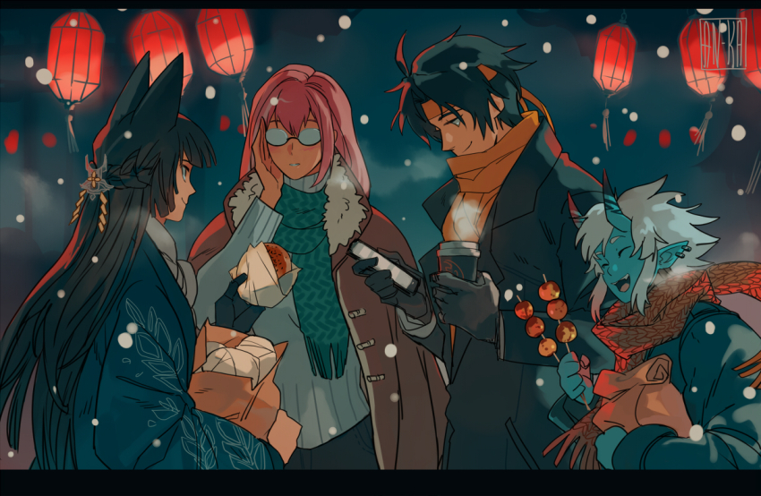 1boy, 3girls, animal_ears, anpan, aqua_jacket, aqua_scarf, asaba_harumasa, bag