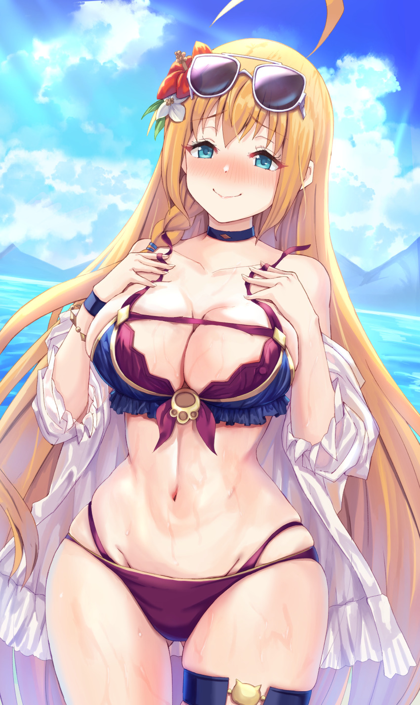 1girl, absurdres, ahoge, alternate_costume, bikini, blue_eyes, blush, breasts