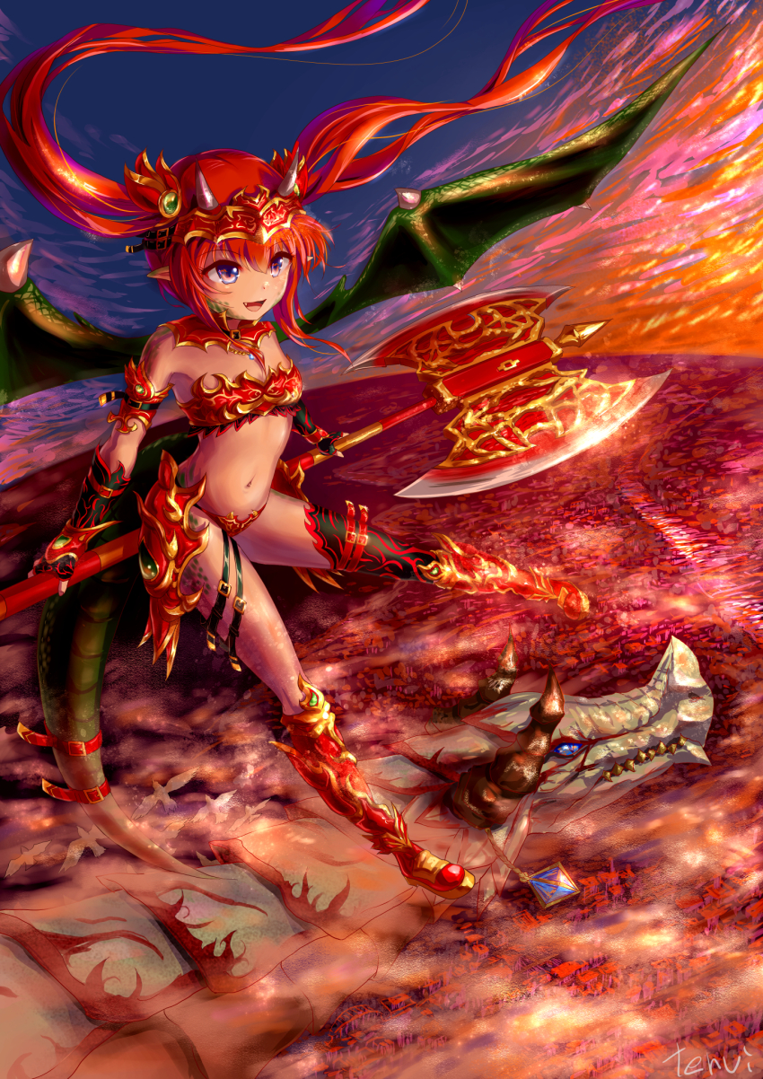 1girl, axe, blue_eyes, double-sided_axe, dragon, dragon_girl, dragon_horns, dragon_tail