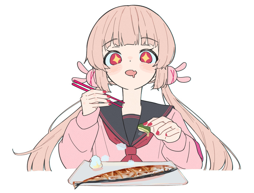 +_+, 1girl, black_sailor_collar, blonde_hair, blush, chopsticks, drooling, fang, fish, fish_(food), grated_daikon, grilled_fish, hair_ornament, highres, holding, holding_chopsticks, low_twintails, mouth_drool, natori_sana, natori_sana_(school_uniform), neckerchief, nobu-k, open_mouth, pink_shirt, rabbit_hair_ornament, red_eyes, red_nails, red_neckerchief, sailor_collar, sana_channel, saury, shirt, skin_fang, solo, sudachi_(fruit), twintails, virtual_youtuber, white_background
